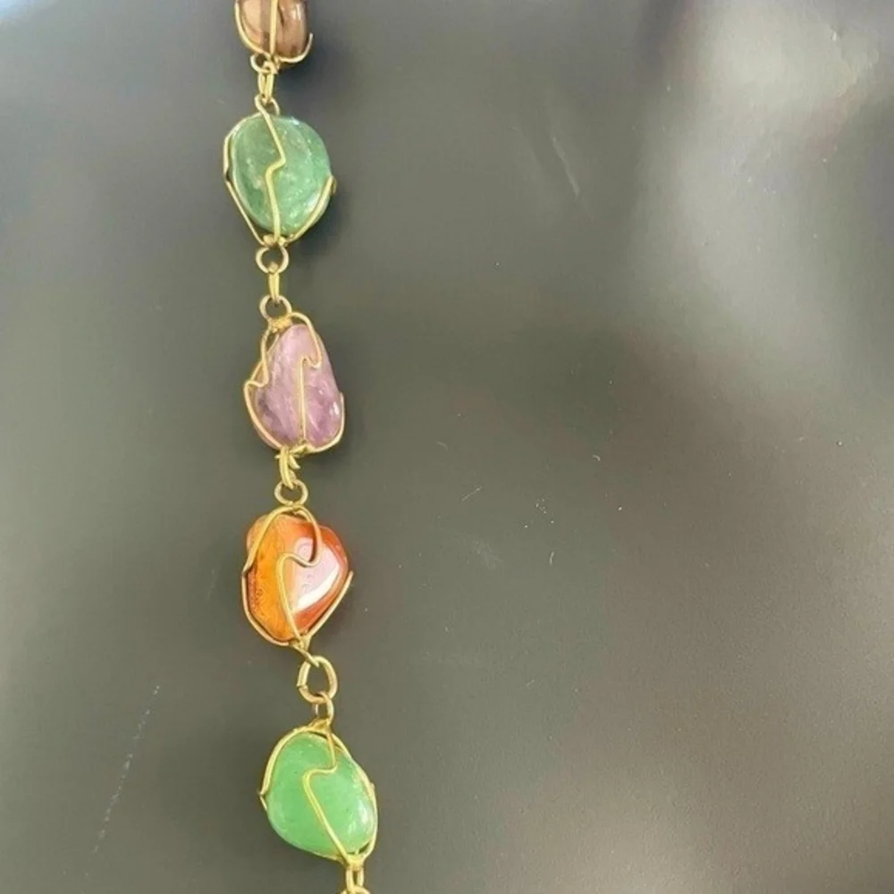 Vintage Gold Tone Wire Caged Multi Gemstone Statement Necklace 30.5